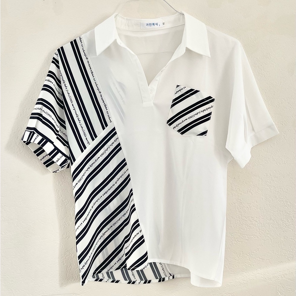 Korean short-sleeve button-up black and white shirt